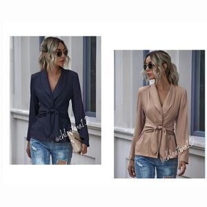 Women's V Neck Blazer Jacket Self Tie Knot Navy Blue or Khaki